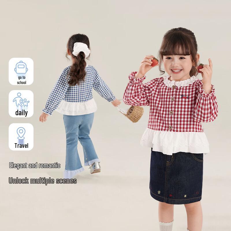 JELLYBABY Girls' French Plaid Ruffle Trim Shirt