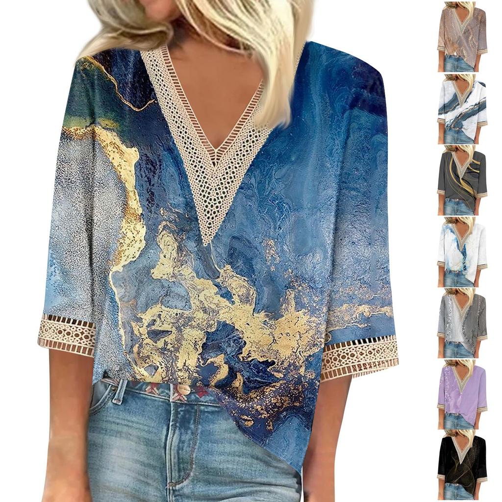 Women's Shirt Blouse Casual Loose Shirts 3/4 Sleeve Lace Print V Neck Tops Print Tops T-shirts Tee
