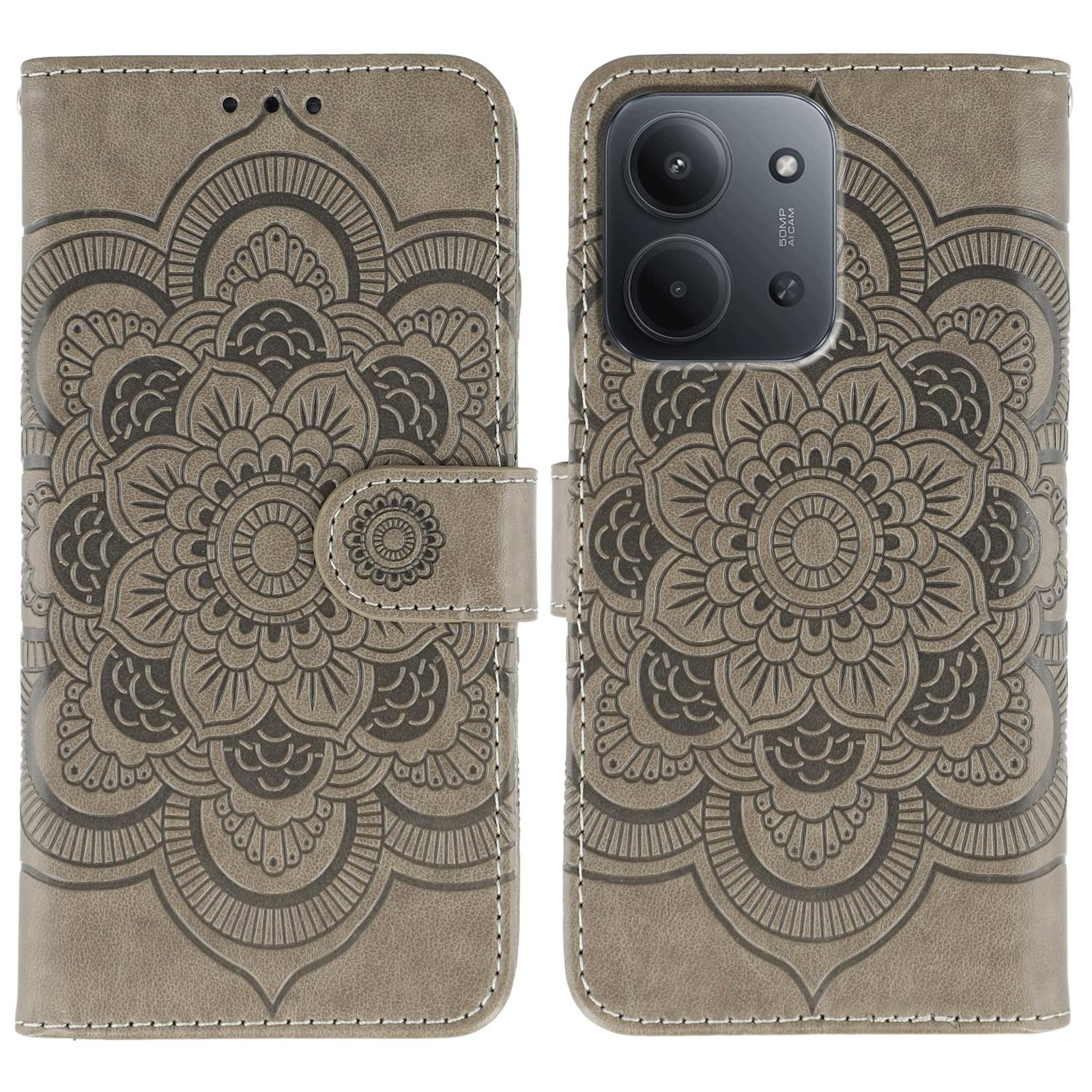

For Xiaomi Redmi 15C 4G (Global) (171mm)/Poco C85 4G Case PU Leather Mandala Imprinted Design Wallet Phone Cover Grey