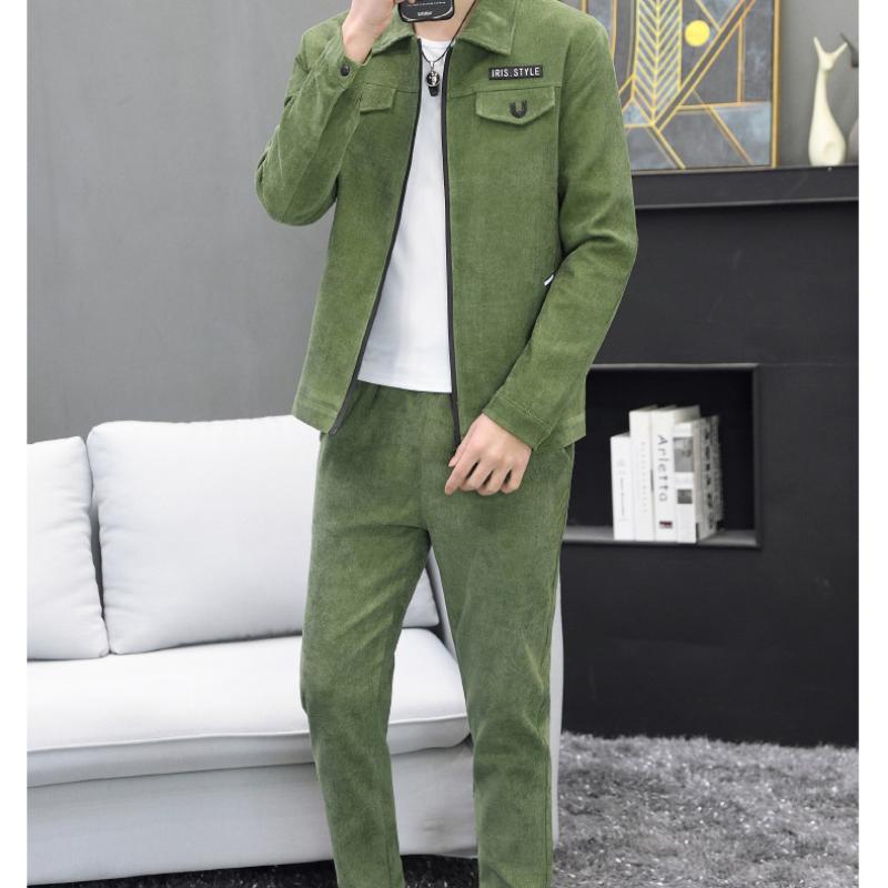 Men Autumn  Casual Track Suit Corduroy Sets Two Piece Long Trousers and Jakcet Clothing Men  Pockets Suits