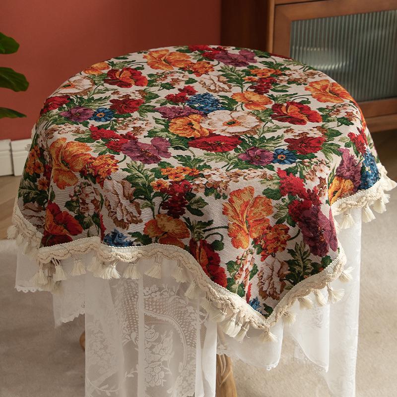 Винтажная американская пасторальная скатерть с кисточками для походных, кофейных и обеденных столов 90x90cm