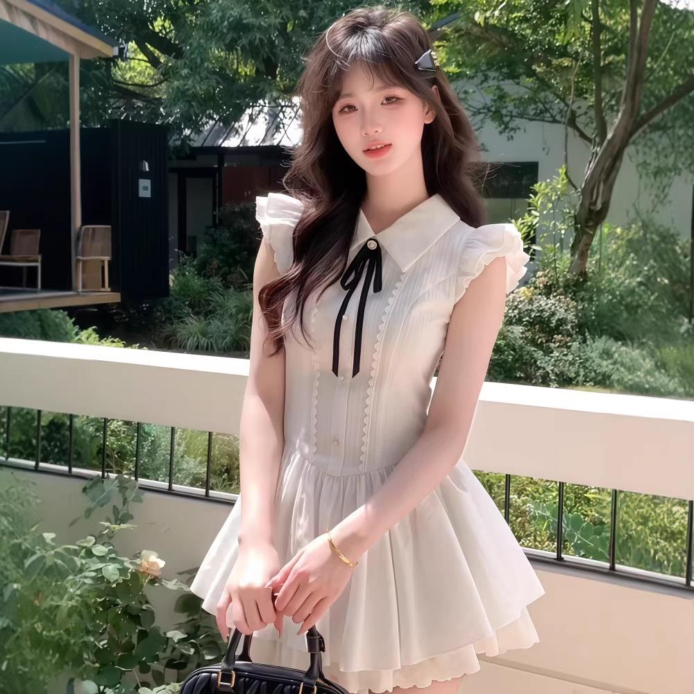Sense bow lace-up niche non-collision dress women's gentle wind lace splicing slim skirt