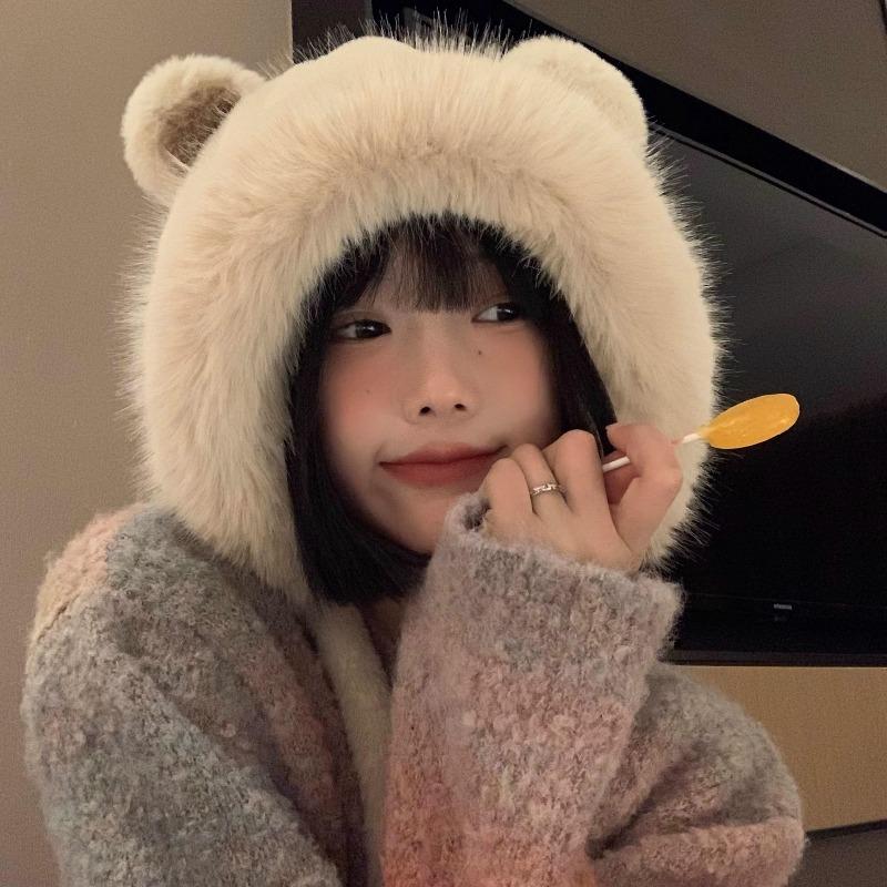 Bear Ears Plush Hat Women's Autumn and Winter Cute Plush Thickened Outdoor Cold Protection Ear Hat