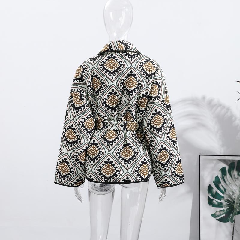 Printed Lace Up Cotton Jacket Lapel Cardigan Thick Warm Women's Oversize Coat Retro Ethnic Style Autumn/Winter 2025