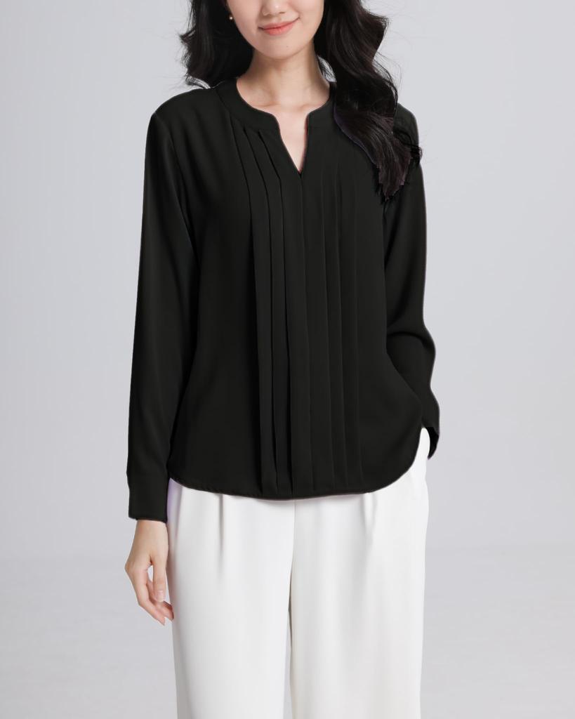 SPRING SEAON Long Sleeve Chiffon Blouse with Tucked Loose Plus Sizes Suitable for Size 2L Women's V-Neck Detail, Fit, Available, Suits, Office,