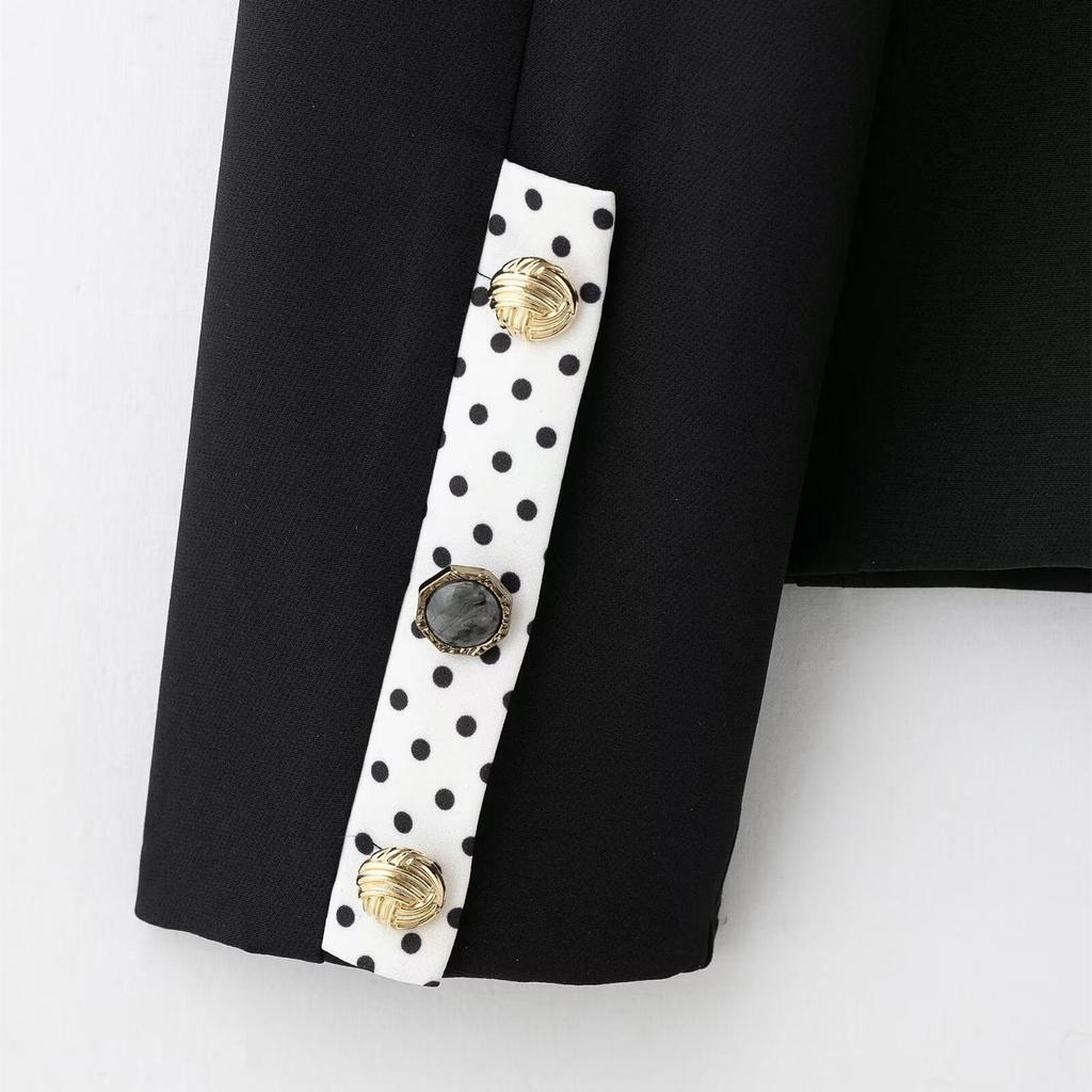 2025 Women's Slim Fit Round Neck Short Coat & Polka Dot Patchwork Skirt Set