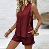 Women Sleeveless V Neck Side Cut Out Blouse and Shorts Set Casual Summer Linen Look Two Piece Outfit