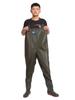 Fisher King 110D Army Green Waterproof Wading Pants with Built-in Rain Boots for Fishing, Foraging, and Lotus Root Harvesting.