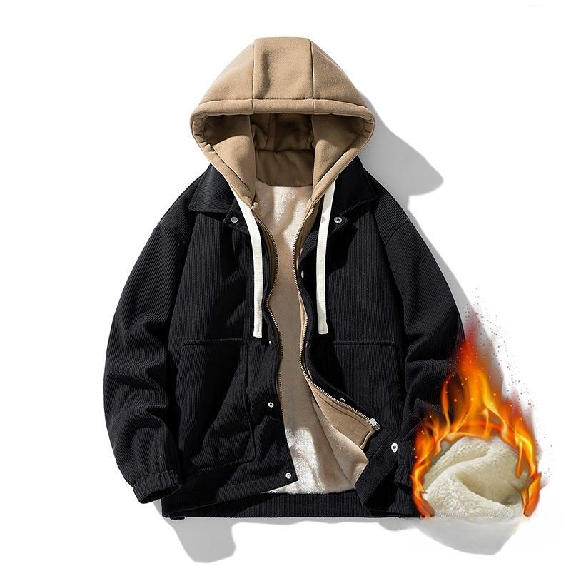 Men's Corduroy Hooded Jacket with Autumn and Winter Plus Velvet Thickened Men's Hong Kong Style Fake Two-piece Sweatshirt Jacket