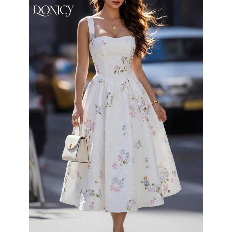 Europe, America 2026 summer new sweet vacation floral ruffle edge square neck sleeveless dress women XS