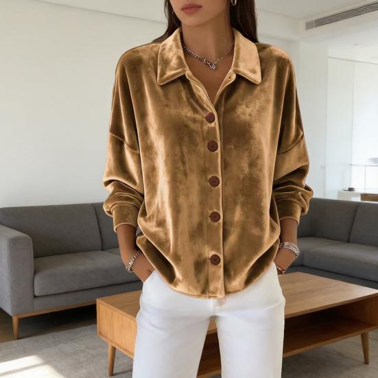 Women Shirt Lapel Long Sleeve Velvet Texture Solid Color Shirt Tops Loose Fit Buttons Placket Commuter Tops Work Wear