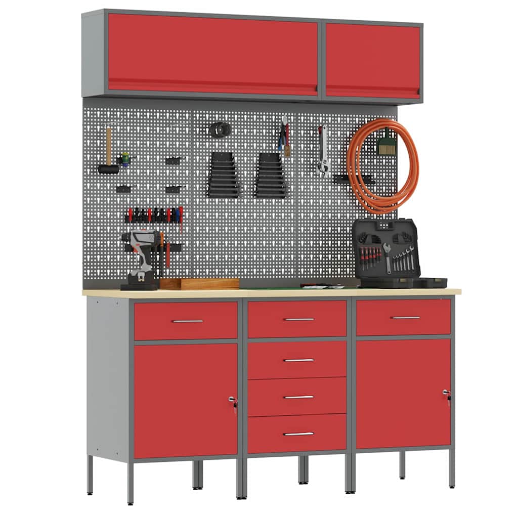Workbench Cabinet Set with Drawers and Storage 8 pcs Red