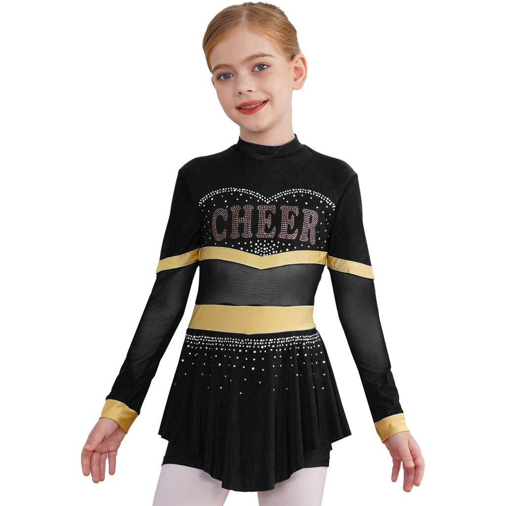 Girls One Piece Cheerleader Costume Long Sleeve Mesh Patchwork Shiny Diamonds Cheerleading Bodysuit