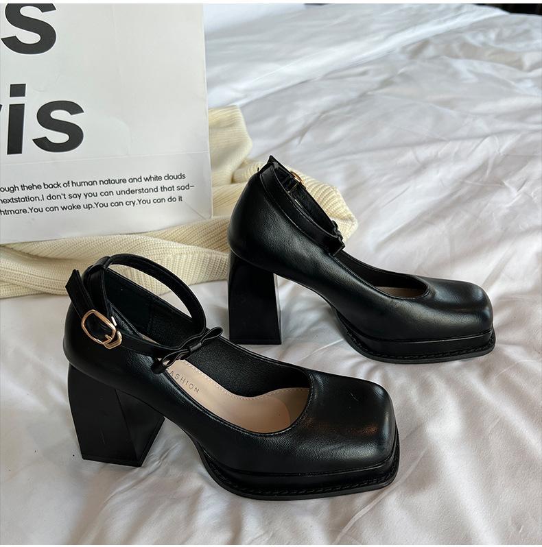 Internet celebrity square head small thick heel high heels women's autumn and winter 2025 new shallow French retro Mary Jane shoes