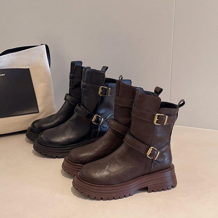 British Style Retro Round Head Thick-soled Martin Boots for Women 2025 Autumn and Winter New Thick Heel Short Boots Belt Buckle Boots for Women