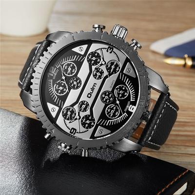 Fashionable Big Dial Men's Quartz Watch with Four Time Zones and PU Leather Band
