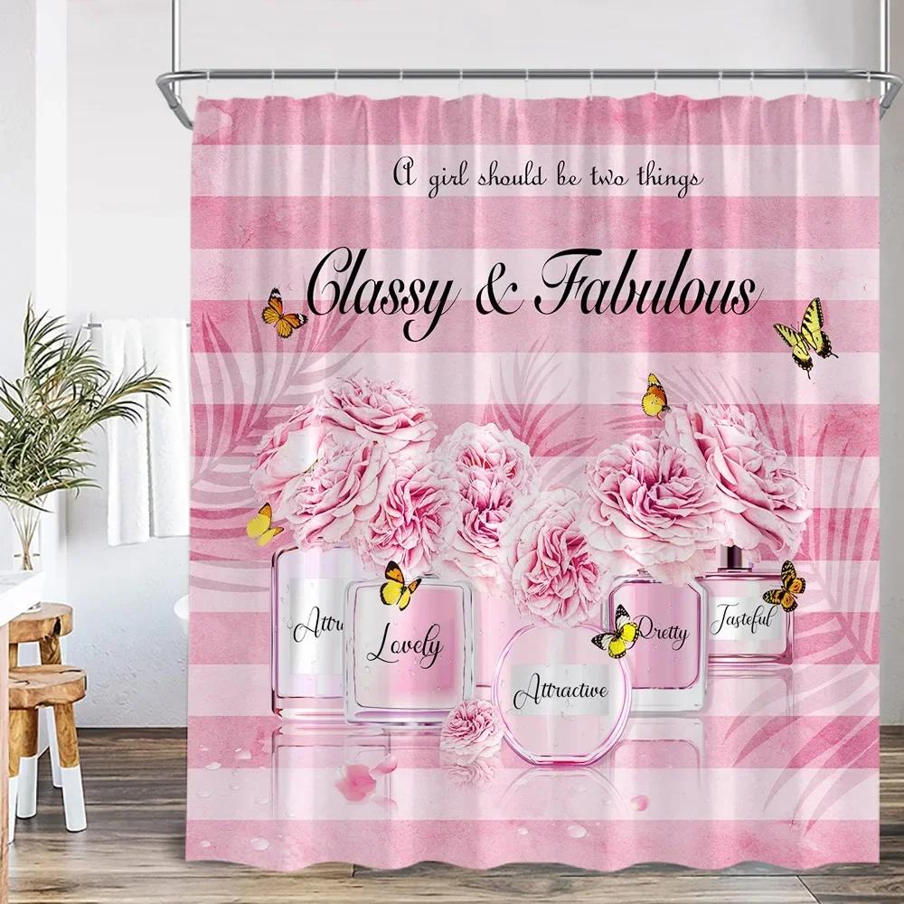 Pink perfume bottle shower curtain pink flower cosmetic pattern bathroom decoration modern fashion shower curtain with hook