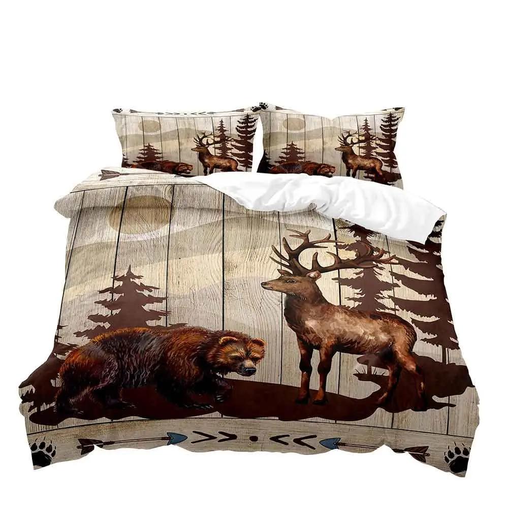 Elch Schwarzbär Bettbezug Queen Set, Wildtiere Hirsch Bettwäsche Set, Rustikales Schlafzimmer Dekor für Männer Freund Teenager Junge, 2 Kissenbezüge