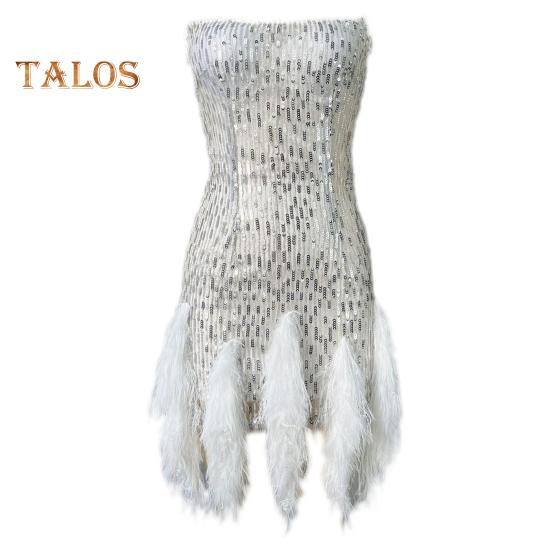 Women Evening Dress Sequin Fluffy Fur Decor Sleeveless Off Shoulder Skinny Sheath Backless Prom Banquet Mini Dress Wedding Bride Dress