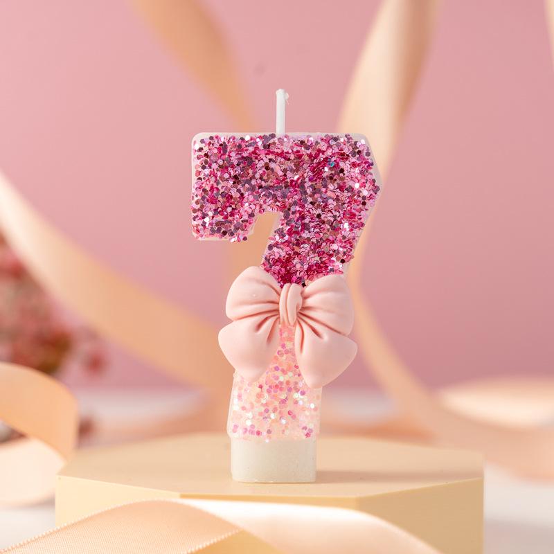 Glitter Pink Bow Number Candle - Color Block Birthday & Anniversary Cake Decor