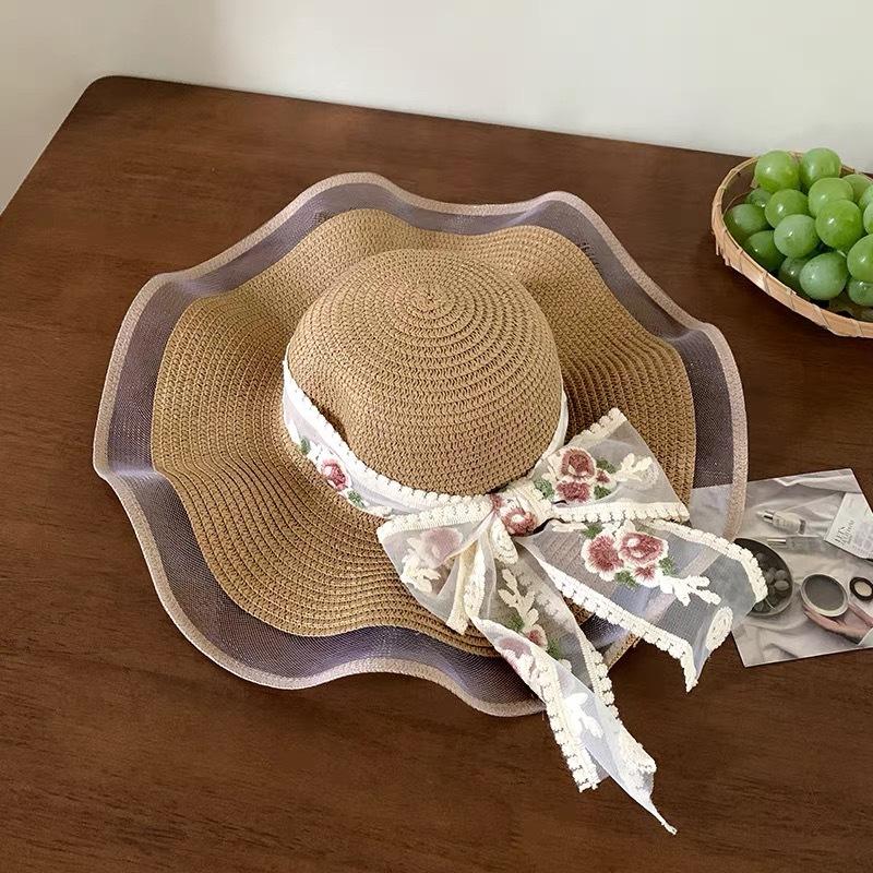 Summer big brim sun hat women's fashion ins seaside sun protection straw hat pastoral pearl face small sun hat