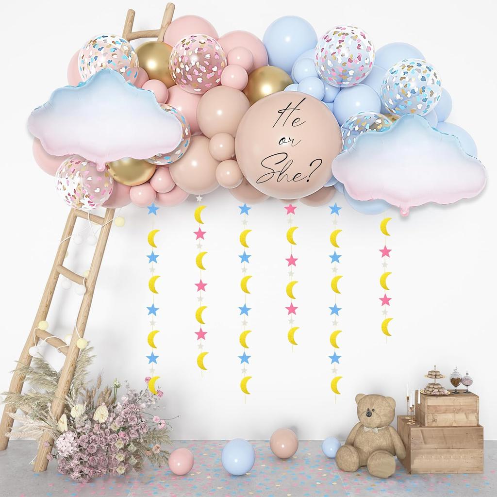 Amandir 185Pcs Gender Reveal Decorations, Double-Stuffed Pastel Pink and Blue Brown Nude Balloon Arch Kit White Cloud Hanging Moon Star Garland Boho