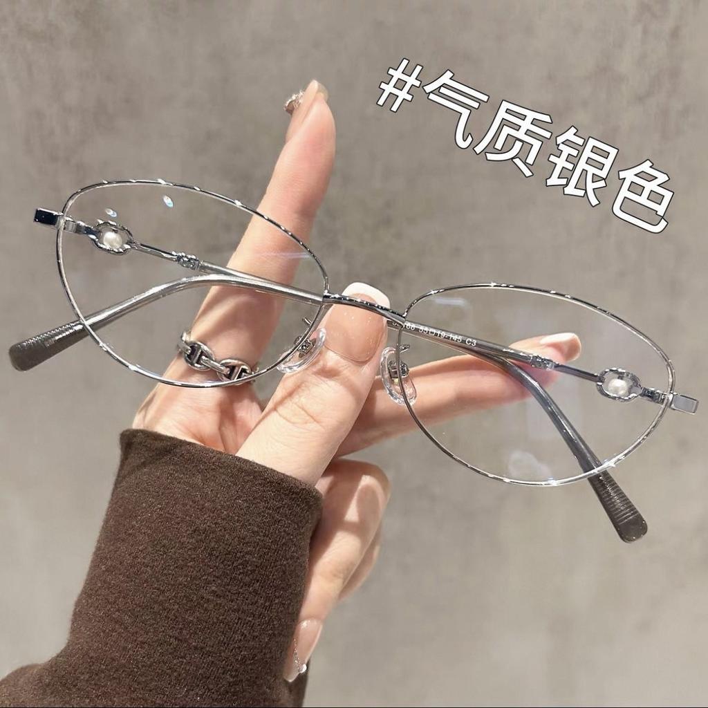 Popular Gold Silk Pure Cat Eye Oval Glasses Gentle Temperament Milk Tea Color Flat Mirror Plain Artifact Glasses