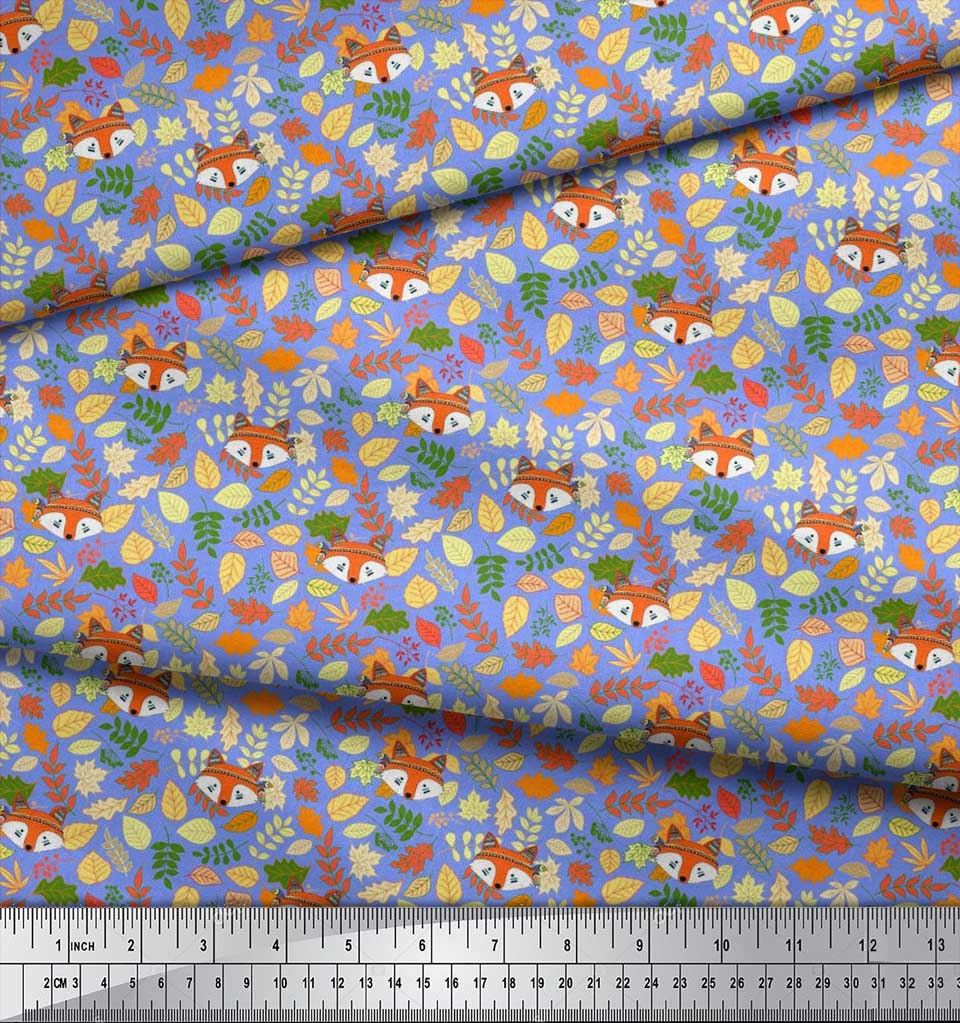 Soimoi Japan Crepe Satin Fabric Leaves & Fox Face Cartoon Printed Craft Fabric by the Metre 42 Inch