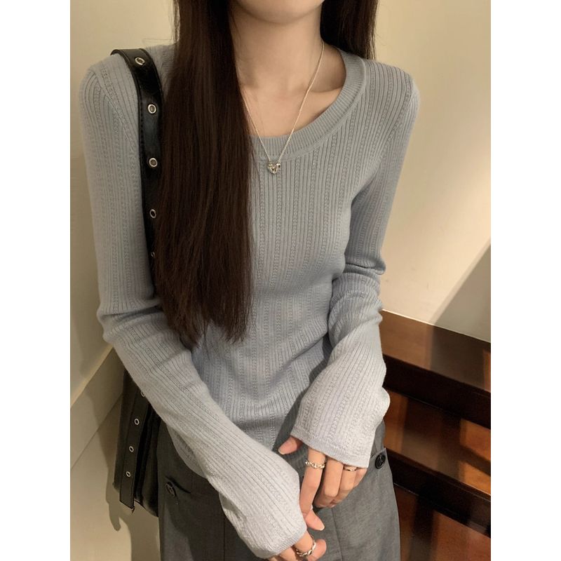 Kumikumi Simple Basic Style Solid Temperament Long Sleeve Knit Women Clothes Autumn Slimming Versatile Base Top