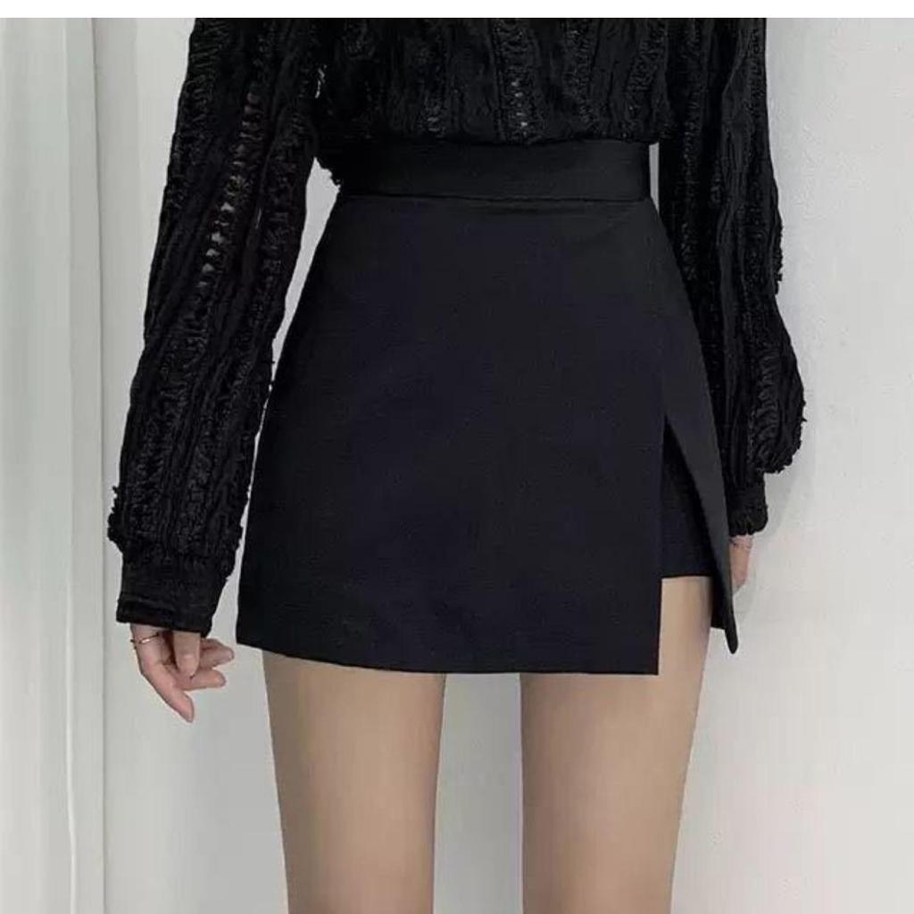 Women's Black High-Waist A-Line Summer Skirt with Slit - Slim Korean Style