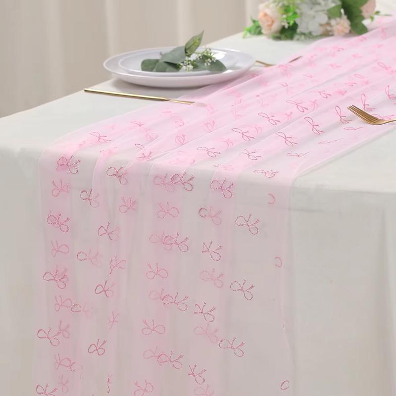 1Pc Pink Bow Mesh Tablecloth Girl Bow Theme Supplies Table Cover Baby Shower Birthday Party Decor Tablecloth