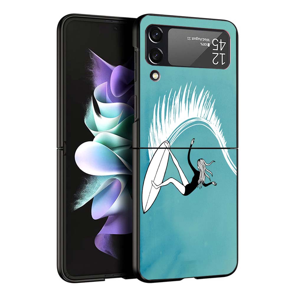 Surfboard Surfing Art Surf Girl Summer Hard Black Cover for Samsung Galaxy Z Flip 7 6 5 4 3 5G Phone Case Flip7 Flip6 Flip5 Flip