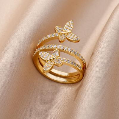 Zircon Double Butterfly Rings For Women Stainless Steel Adjustable Butterfly Ring Fashion Wedding Aesthetic Animal Jewerly Gift