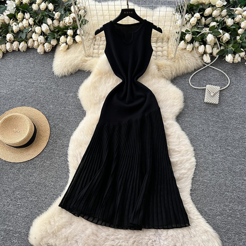 High-end Knitted Splicing Irregular Mesh Dress Women's Summer French Waist and Thin Temperament Sleeveless Long Dress