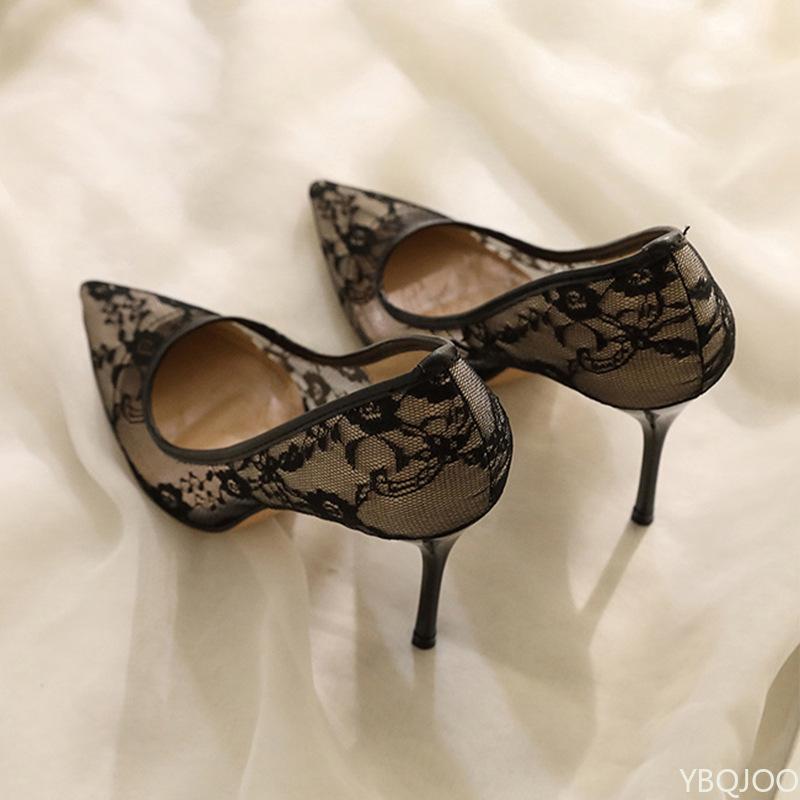 Women's Shoes Breathable Lace Mesh Sexy High Heels Design Sense Niche Temperament Pointed Thin Single Shoes Versatile Solid