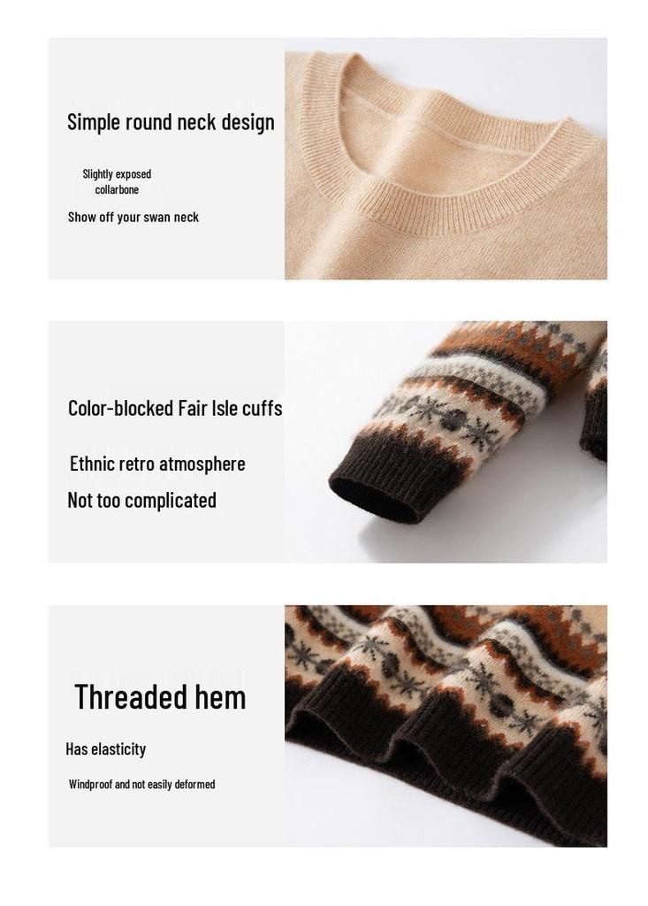Women's Color Block Fair Isle Cashmere Sweater: Autumn/Winter 2026 Round Neck Versatile Pullover