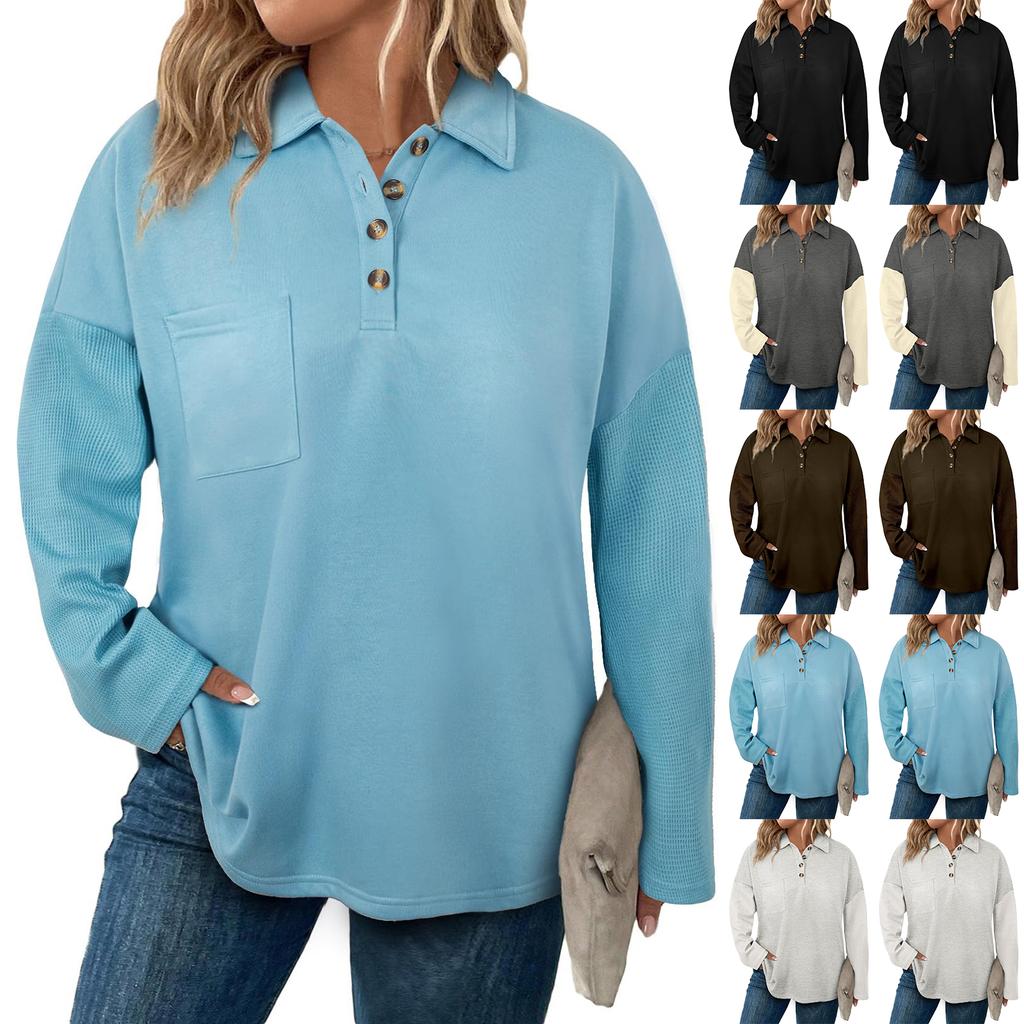 Women's Fashion Long Sleeve Plus Size Button V-Neck Check Patchwork Loose Sweatshirt Top