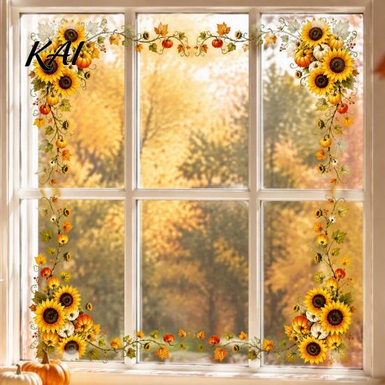 Ahornblatt Fensteraufkleber Erntedankfest Statischer Glasaufkleber, Herbst-Clings mit Blättern Sonnenblumen Und Herbstdekorationen Beeren-Drucke,