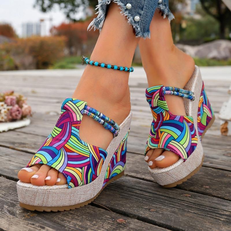 New Summer Colorful Printed Wedge Fashion Platform Peep‑Toe High‑Heel Beach Casual Vacation Bohemian Sandals