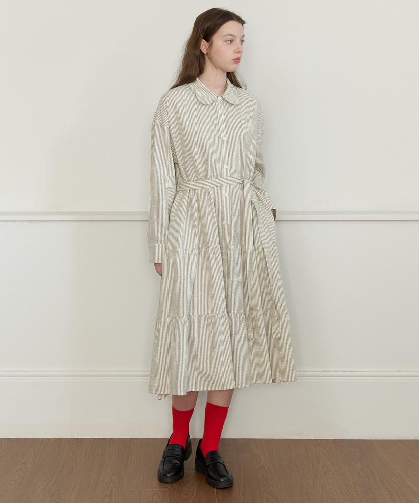 Cluny Round Collar Stripe Shirt Dress - Beige