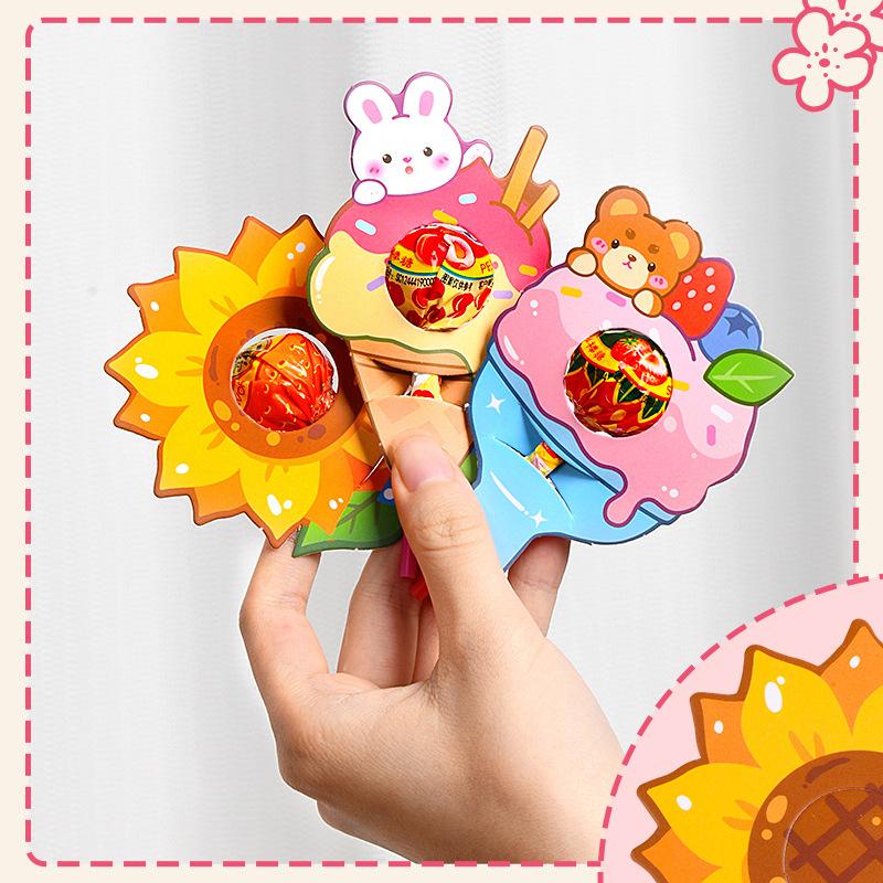 30Pcs Lollipop Paper Cards Lovely Cartoon Rabbit Bear Children'S Day Birthday Party Candy Gift Packaging Diy 3D Decorative Cards