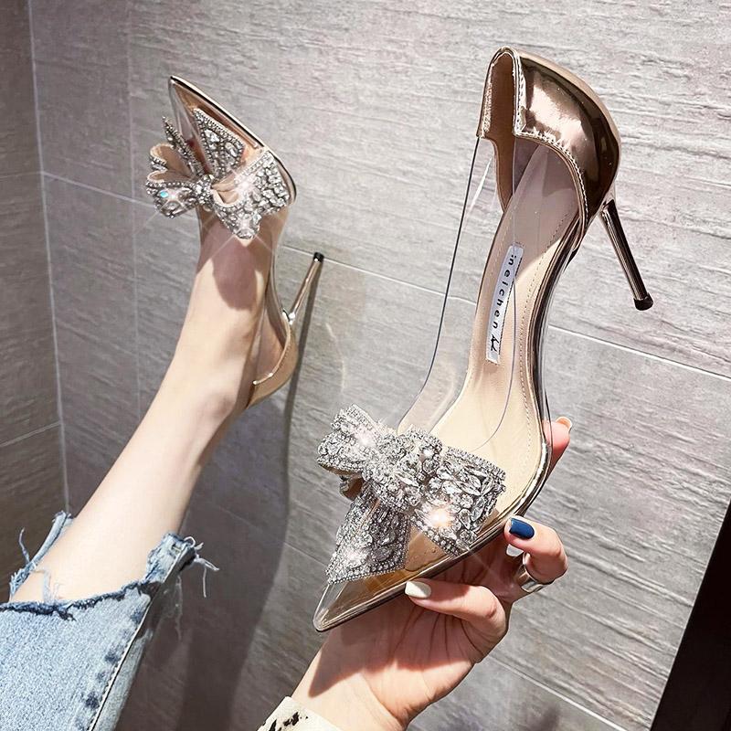 2025 Fashion Sliver Rhinestone Bow PVC Transparent Women Pumps Autumn Stiletto High Heels Sexy Bride Party Wedding Dress Shoes