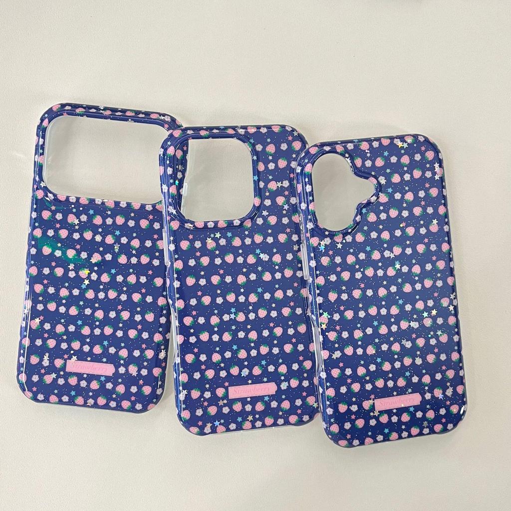 Korean Style Strawberry iPhone 14/15/16/17 Pro Max Blue Phone Case for Women