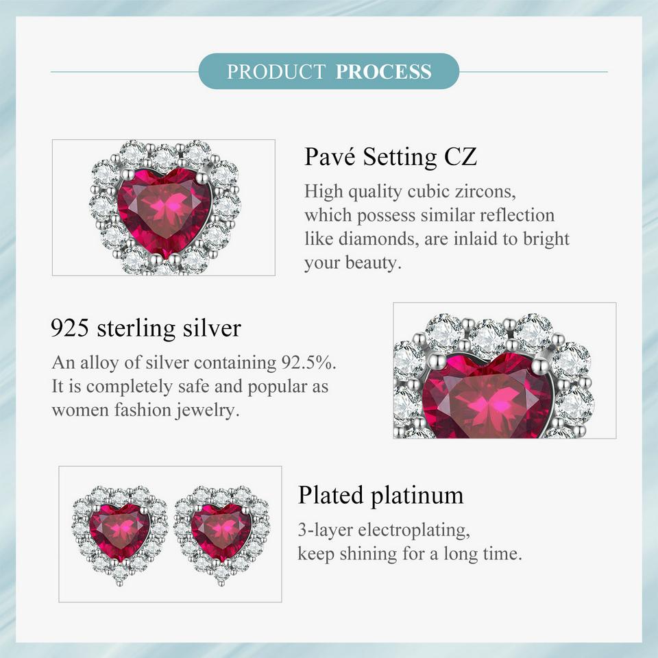 WOSTU Statement-Schmuck 925 Sterling Silber Riesige rubinrote AAA-Zirkon-Herz-Ohrstecker für Frauen, Hochzeit, Verlobung, Schmuck, Geschenk