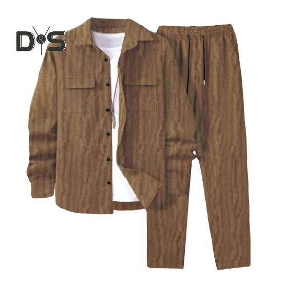 2Pcs/Set Men Sportwear Set Lapel Long Sleeve Flap Pockets Coat Elastic Drawstring Waist Long Trousers Set Loose Fit Activewear