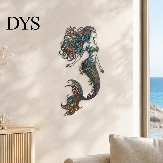 Beach House Wall Accents Metal Mermaid Decoration, Three-dimensional Hollow Iron Art Vintage Style Ocean Decor Sculpture, Retro Hanging Figures
