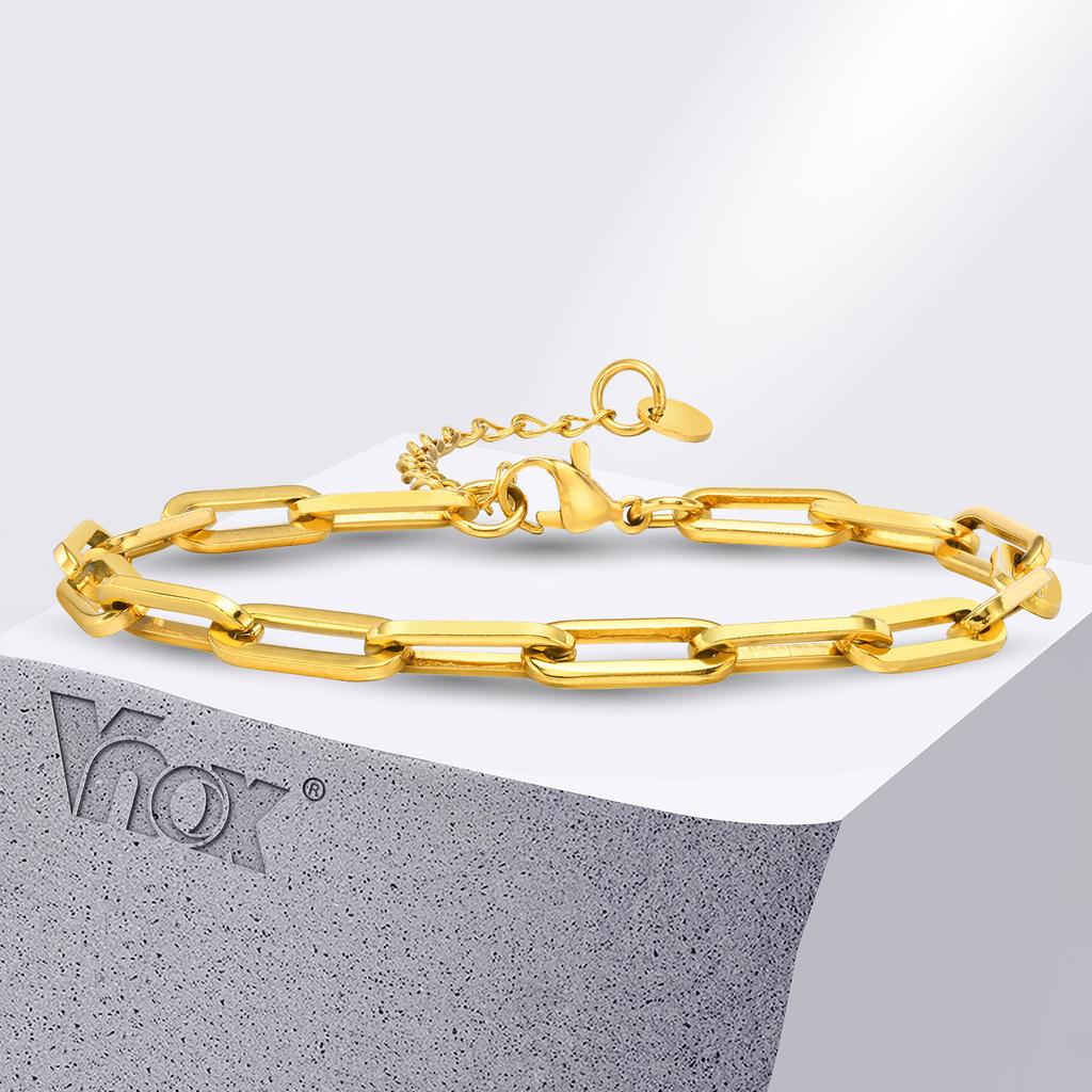 Vnox Einfaches 5-mm-Rechteckkettenarmband für Damen und Herren, Edelstahl, Unisex, Büroklammerglieder