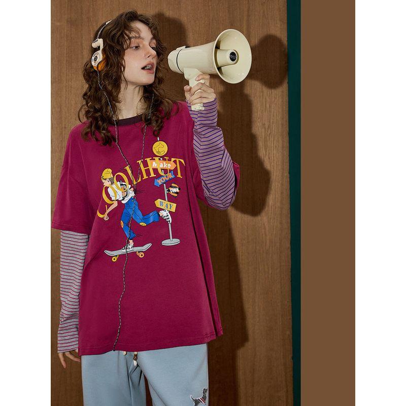 Coolhut2025 Autum Women's Fashionable Age-Reducing Slimming Round Neck Long-Sleeved Printed T-Shirt