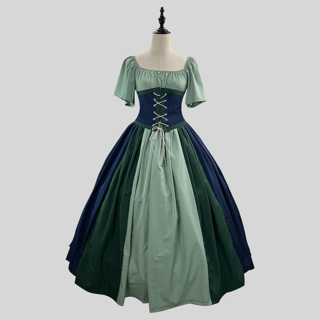 Medieval Retro Color Block Off-Shoulder Slim Fit Dress with Fly Sleeves and Big Swing Skirt - Women's Cosplay Costume