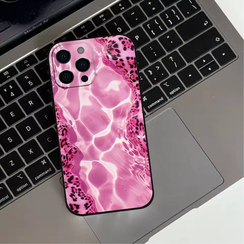 Fashion Pink Leopard Print Phone Case For iPhone 17,16,15,14,13,12,11 Plus,Pro Max,XS,Soft Silicone Black Cover